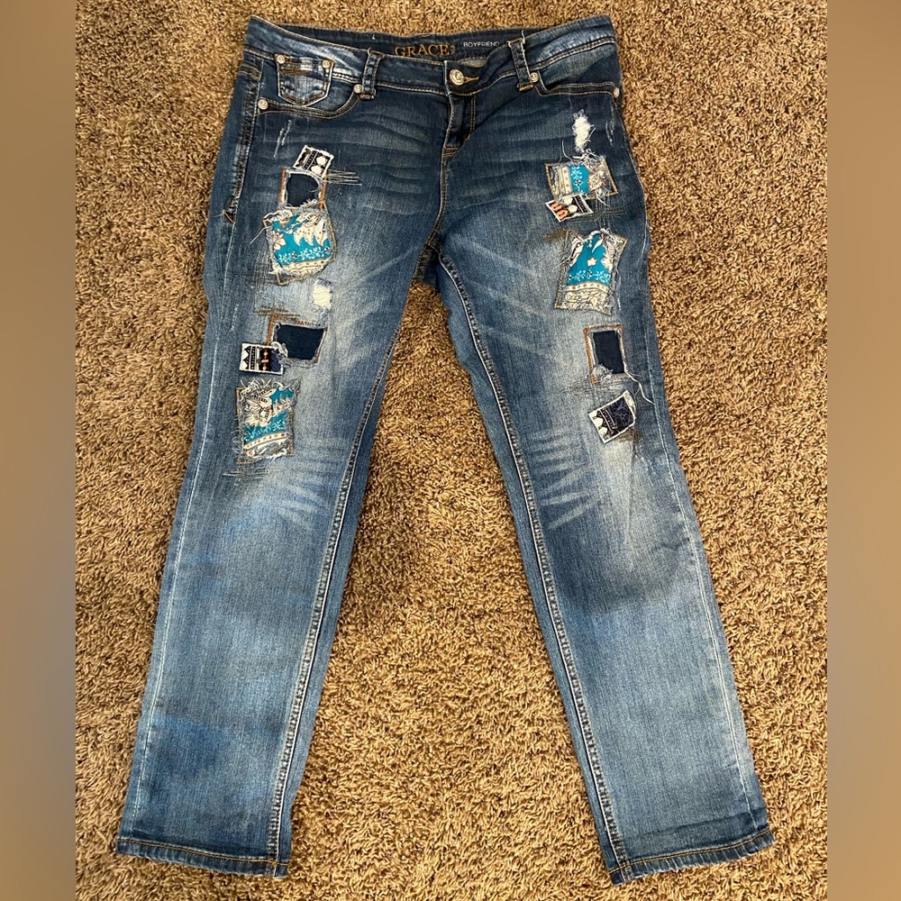 Grace in LA patchwork boyfriend jeans